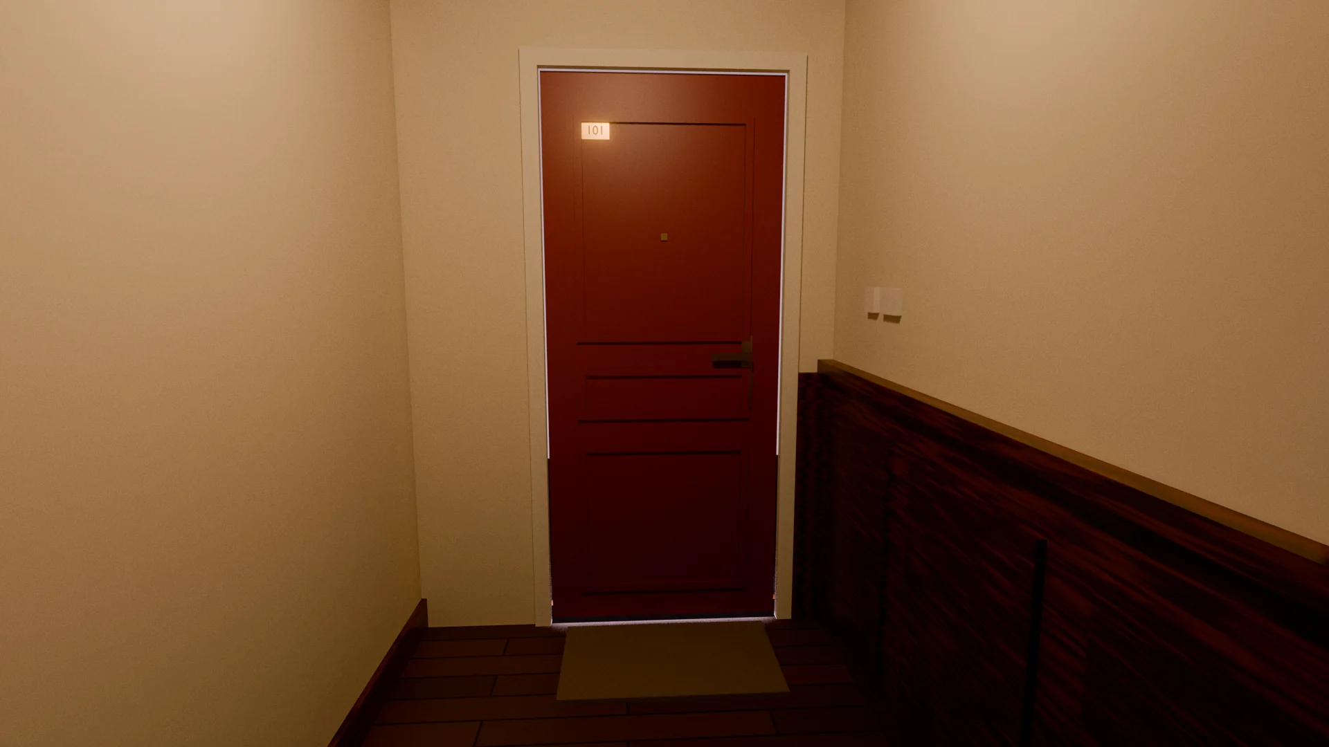 Le palier : une porte rouge numérotée 101, un paillasson, des boiseries.
